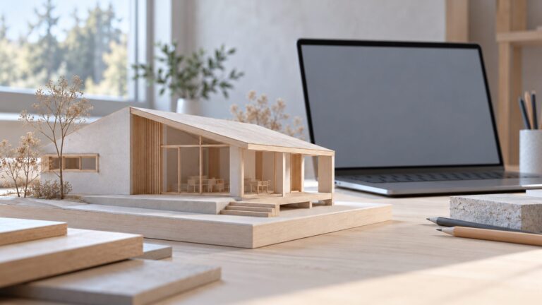 Illustrative architectural model beside a blank-screen laptop, representing a remotely deliverable professional service
