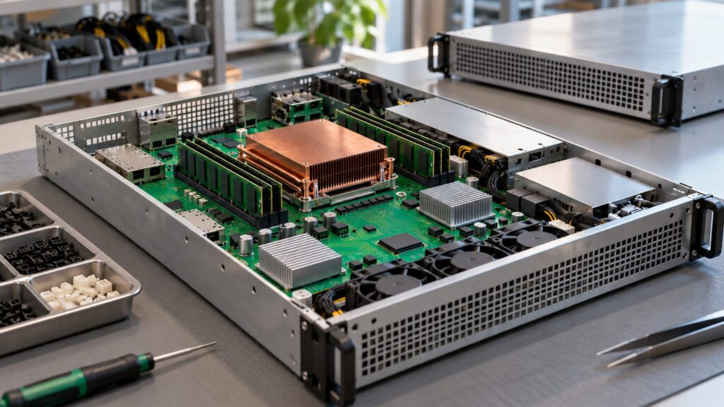 Illustrative electronics assembly scene with an open server chassis, circuit board and component trays.