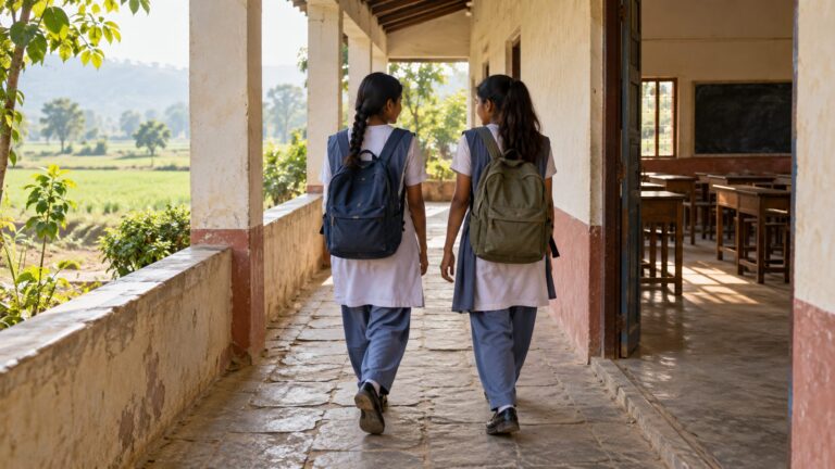 Illustrative rear view of two students walking through a rural school corridor