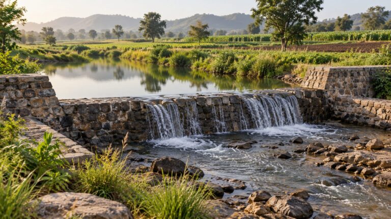 Illustrative rural stone check dam across a seasonal drainage channel beside farmland