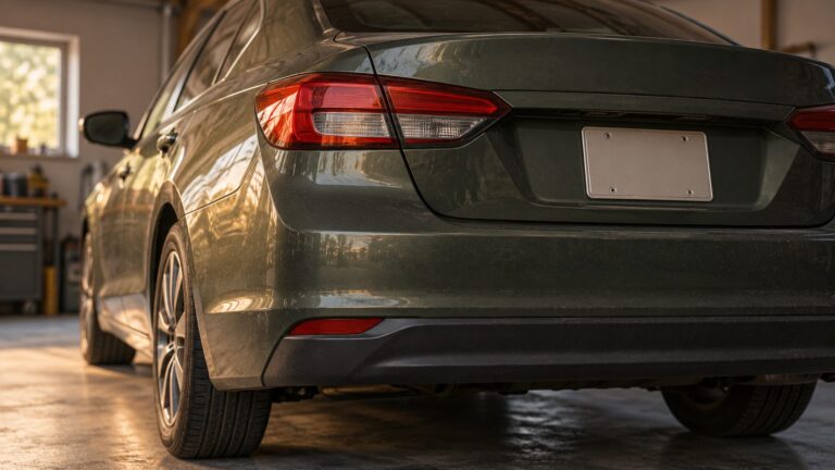 Rear corner of an unbranded passenger car with a blank registration plate in a softly lit garage.
