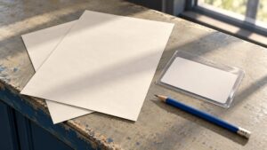 Blank forms and a pen at an empty civic-service counter, an illustrative scene