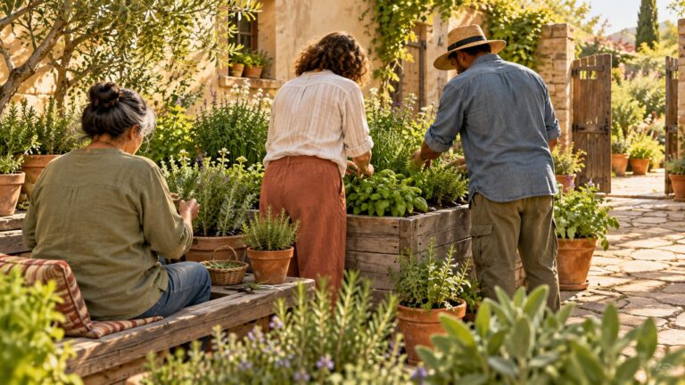 Illustration of anonymous adults gardening together in a shared courtyard