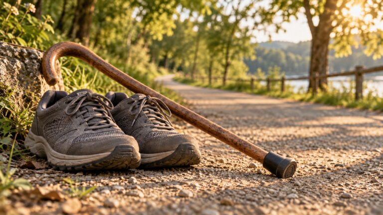 Walking cane and walking shoes on a sunlit garden path, an illustration of mobility across a longer life