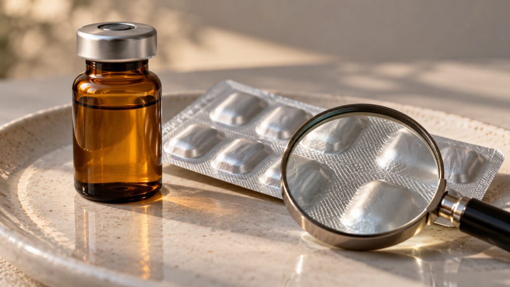 Conceptual arrangement of unmarked medicine packaging and a magnifying lens