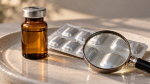 Conceptual arrangement of unmarked medicine packaging and a magnifying lens