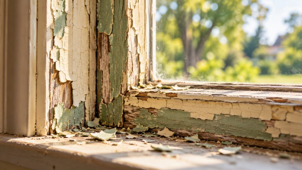 Flaking cream and green paint on an old wooden window frame