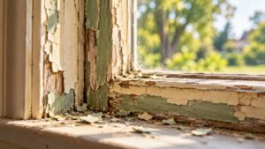 Flaking cream and green paint on an old wooden window frame