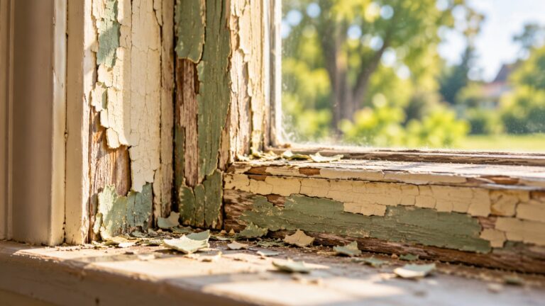 Flaking cream and green paint on an old wooden window frame