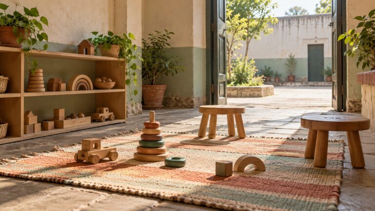 Illustrative child-friendly play corner beside a secure institutional courtyard