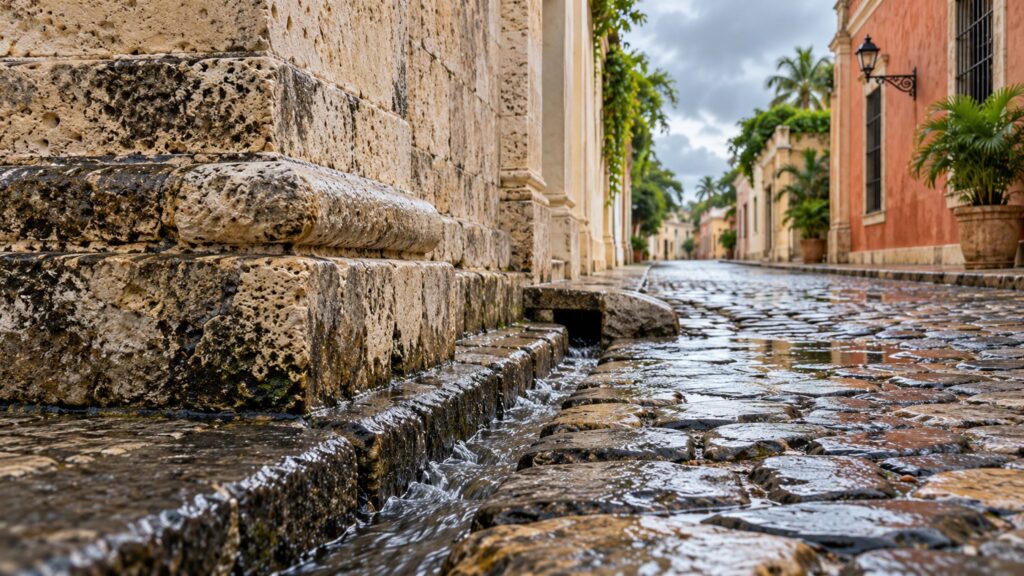 Illustrative historic stone masonry beside a rain-wet cobblestone lane and drainage channel
