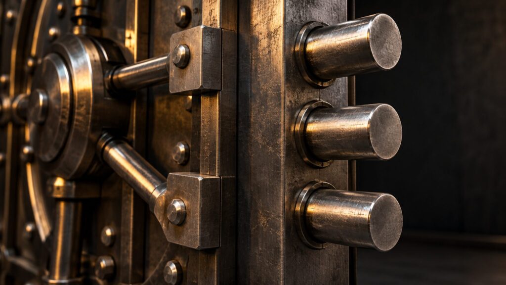 Conceptual close-up of steel bank-vault locking bolts