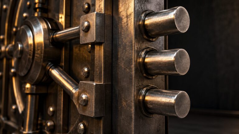 Conceptual close-up of steel bank-vault locking bolts