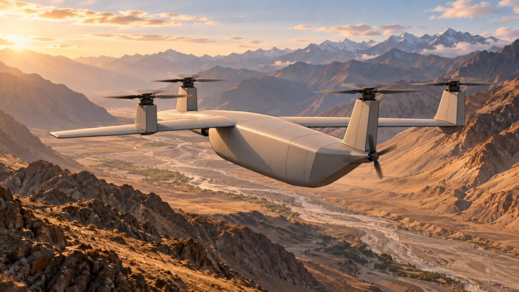 Conceptual illustration of an unmarked cargo aircraft crossing a remote mountain valley