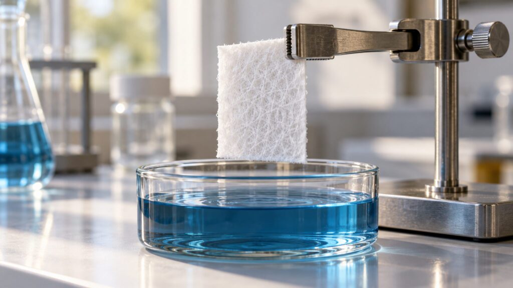 Illustrative white fibrous membrane held above a glass vessel containing blue dye solution